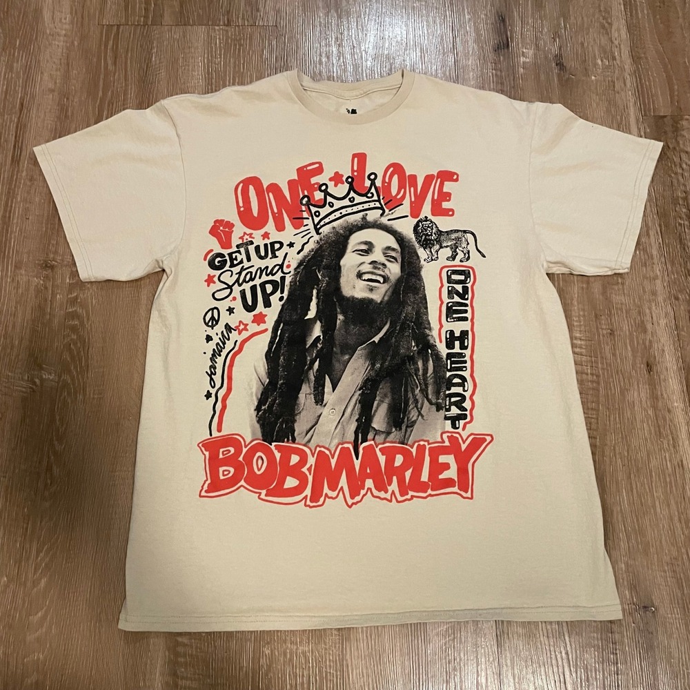 Zion Rootswear Bob Marley One Love Mens T-Shirt Large Beige Cotton Graphic Tee